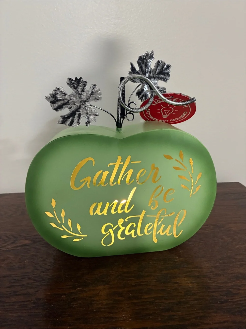 NWT- LED Light Up- Gather And Be Grateful Metal Pumpkin w/ Metal Leaves